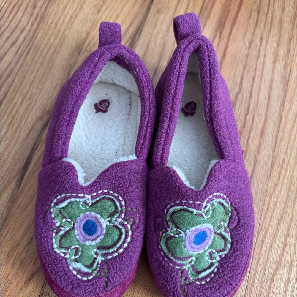 Acorn Purple Kids Slippers with Green Floral Design